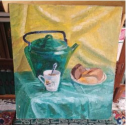  Картина масло, Натюрморт с чайником, картон, 35х40см, художник неизвестный