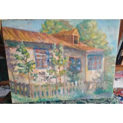 Картина масло, Сельский домик,  картон, 32х26см, художник неизвестный  