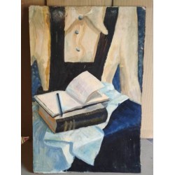 Картина масло, Девушка и книги, картон, 34,5х51см, художник неизвестный